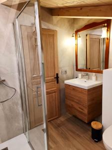 a bathroom with a shower and a sink and a mirror at Chalet du Bonheur in Saint-Gervais-les-Bains