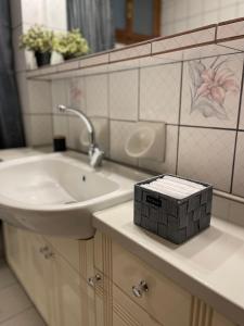 a bathroom with a sink and a mirror and a counter at Varousi House in Tríkala