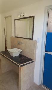 ein Badezimmer mit einem Waschbecken und einem Spiegel auf einer Ablage in der Unterkunft El Esparragal Santa Clara del Mar in Santa Clara del Mar