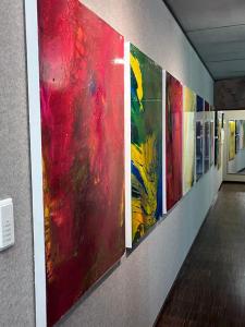 une rangée de peintures colorées sur un mur dans un couloir dans l'établissement GALERIE-SUITE-11, à Marktheidenfeld