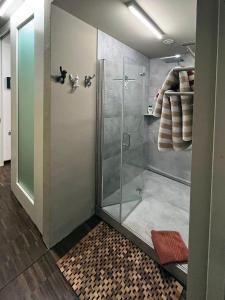 La salle de bains est pourvue d'une douche avec une porte en verre. dans l'établissement GALERIE-SUITE-11, à Marktheidenfeld