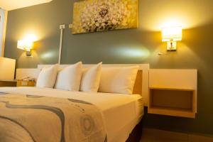 una camera da letto con un letto con cuscini bianchi di Golden Tree Hotel Belize a Belize City