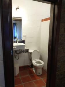 a bathroom with a toilet and a sink and a mirror at LONGO VI in San Antonio de las Alzanas