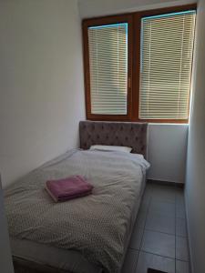 a bedroom with a bed with a purple blanket on it at Sofi II in Niš