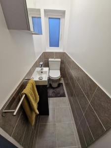 a bathroom with a toilet and a sink at Pav's Den in Ince-in-Makerfield