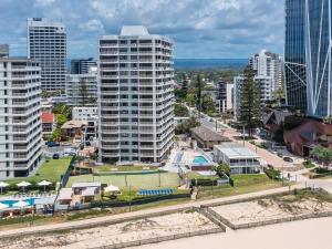an aerial view of a city with tall buildings at Breakers North Absolute Beachfront Apartments in Gold Coast