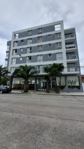 Messidor Mar del Plata Luminoso departamento 2 ambientes con cochera في مار ديل بلاتا: مبنى كبير أمامه أشجار النخيل