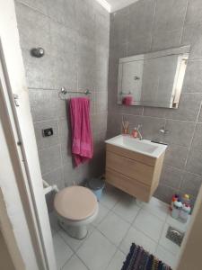y baño con aseo, lavabo y espejo. en Residência RCA13, en Santos