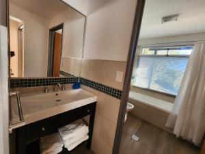 a bathroom with a sink and a toilet and a mirror at Punta Negra in Villa Pehuenia