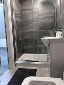 a bathroom with a shower and a toilet and a sink at Flat in Leicester! in Leicester