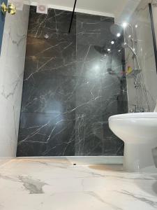 een badkamer met een douche, wastafel en toilet bij Lechón Marina in Viña del Mar