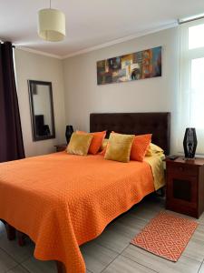 1 dormitorio con 1 cama con manta naranja en Depto Ginebra 1 dorm con estacionamiento, en Temuco