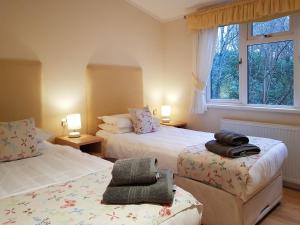 1 dormitorio con 2 camas y ventana en Kingfisher Lodge - Uk46046, en Balloch