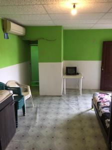 a room with green walls and a table and a bed at Hostal Camping Beach in Salinas