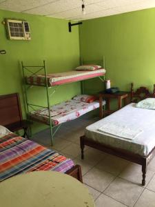 a room with three bunk beds and a green wall at Hostal Camping Beach in Salinas