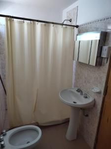 a bathroom with a shower curtain and a toilet and a sink at La Mora Departamento in Mina Clavero