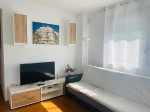 ein Wohnzimmer mit einem Sofa und einem Flachbild-TV in der Unterkunft Forum Beach in Barcelona