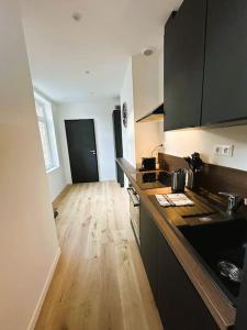 a kitchen with black cabinets and a wooden floor at L'Escapade des Privilégiés in Amiens