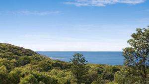 a view of the ocean from a hill with trees at 'Charming Cottage Retreat' by HolidayCo in Killcare