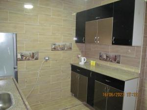 a kitchen with a tile wall with pictures on it at شقة بالجيزة in Cairo