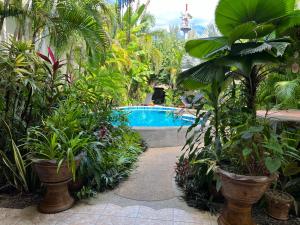 um jardim com piscina e algumas plantas em Khaolak 2K Pool Villa em Khao Lak