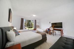 Golf Place Inn Wollongong في Primbee: غرفة نوم بسرير واريكة وتلفزيون