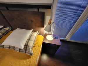 - une chambre avec un lit, une lampe et une fenêtre dans l'établissement Pokoje Pod 22, à Łebcz