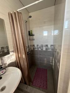 a bathroom with a shower and a sink at Karakol Yurt Lodge & Homestay in Karakol