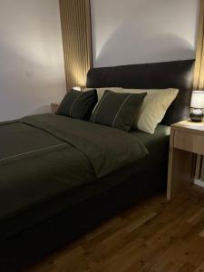 ein Bett mit zwei Kissen darauf in einem Zimmer in der Unterkunft Apartman Aleksandar in Temerin