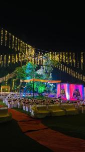 Ashoka Lawns and Resort في آليباغ: مجموعة من الطاولات والكراسي مع وجود أضواء في الليل