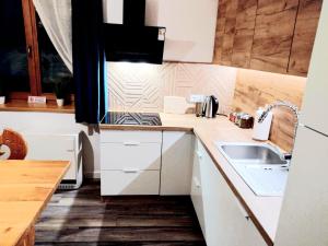 a kitchen with white cabinets and a sink at Rezydencja Pod Giewontem in Zakopane