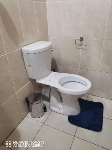 a bathroom with a white toilet and a blue rug at Fabulous Rest Inn in Francistown