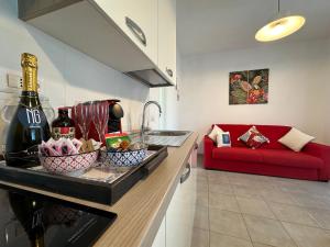 NG Collection 4.4 في أولبيا: مطبخ وغرفة معيشة مع أريكة حمراء