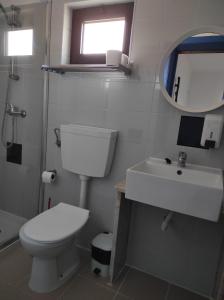 a bathroom with a toilet and a sink and a mirror at PenichePraia - Bungalows, Campers & SPA in Peniche