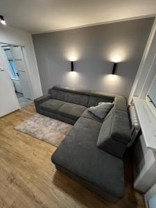 a living room with a gray couch in a room at Dziupla in Orneta