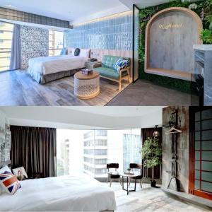 two pictures of a hotel room with two beds at K Hotel - Yizhong in Taichung