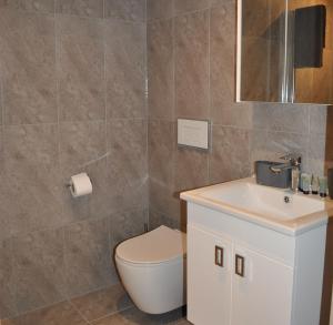 a bathroom with a toilet and a sink at Station House Apartments in Milton Keynes