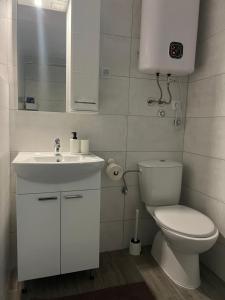 La salle de bains blanche est pourvue de toilettes et d'un lavabo. dans l'établissement Lily, à Belgrade