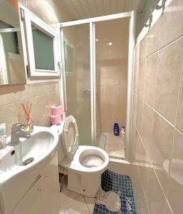 um banheiro com vaso sanitário, pia e chuveiro em Enchanting Retreat in the Heart of the Latin Quarter - Entire Studio for yourself em Paris mais 4 fotografias