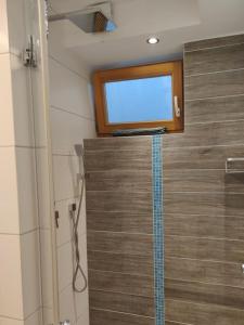 La salle de bains est pourvue d'une douche et d'une fenêtre murale. dans l'établissement Gemütliches Garten-Apartment mit Bergblick, à Murnau am Staffelsee