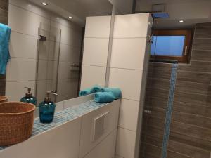 La salle de bains est pourvue d'un miroir et de serviettes bleues sur un comptoir. dans l'établissement Gemütliches Garten-Apartment mit Bergblick, à Murnau am Staffelsee