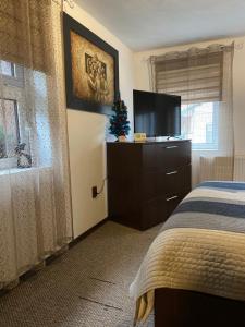 Un dormitorio con una cama y un televisor de pantalla plana. en Casa Printre gradini, en Brasov