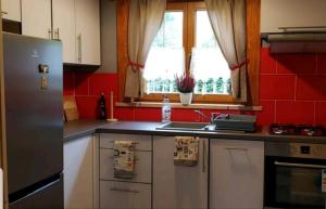 a kitchen with a refrigerator and a sink at Wrzos Chata w Beskidach in Kamesznica