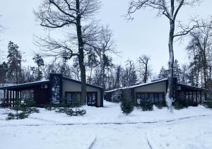 una casa en la nieve con árboles delante en Sunrise Sokirna en Sokirno
