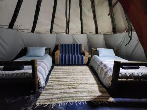 a room with two beds and a chair in a tent at Tsitsikamma Wolf Sanctuary ECO Cabins & Teepees in Stormsriviermond