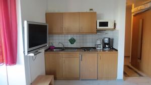 a kitchen with wooden cabinets and a tv on the wall at Arberblick in Schöfweg