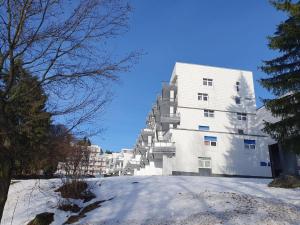 um edifício branco alto com neve em frente em Ferienwohnung Winklworld 2 mit Hallenbad und Sauna inklusive aktivCARD em Sankt Englmar
