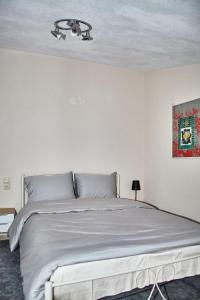 a white bedroom with a large bed with a ceiling at IN THE SHADOW OF THE ROCKS in Kalabaka