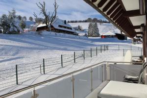 a snow covered yard with a fence and a snowboard at Sport Rees- Ferienwohnung Ulrich in Hofsgrund
