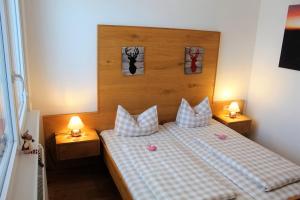 ein Schlafzimmer mit einem Bett mit Kissen und zwei Lampen in der Unterkunft Sport Rees- Ferienwohnung Ulrich in Hofsgrund